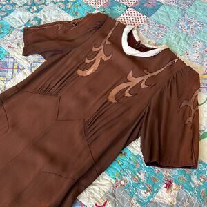 Vintage 40s WOUNDED Puff Sleeve Crepe + Mesh Illusion Cut-Out Swing Dress M